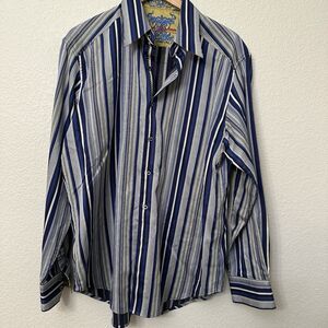 Men's Robert Graham Blue Multi Stripe Cotton Dress Shirt Size Large